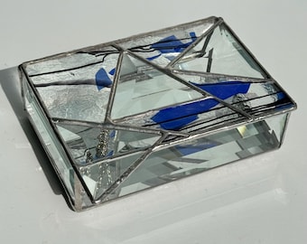 Cobalt Blue Stained Glass Box: Fractured Streamer Glass, Mirrored Base