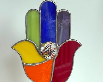 Rainbow colored Stained Glass Hamsa, stained glass hamsa, roy g biv stained glass, good luck amulet, Talisman, hamsa sun catcher, evil eye
