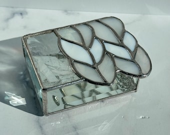 Stained glass trinket box, Knit stitches, fiber art box: white ombre yarn stockinette stitch