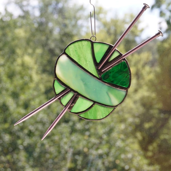 Stained Glass Ball of Yarn, Yarn Balls, Stained Glass Sun Catcher, Knitting sun catcher, gift for knitter, Earthy Green glass, fiber lover