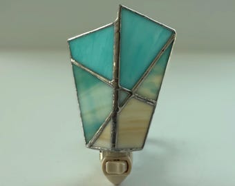 Beach tone Stained Glass Night Light, teal and tan Stained Glass, baby gift, housewarming gift, Abstract Stained Glass, sea foam glass