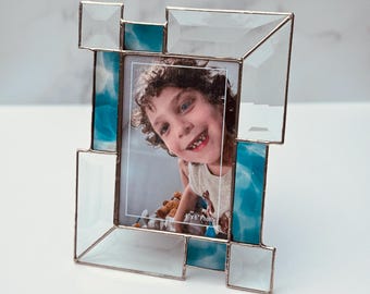 Handcrafted Stained Glass Picture Frame: Denim Blue Accent, 4x6 Photo