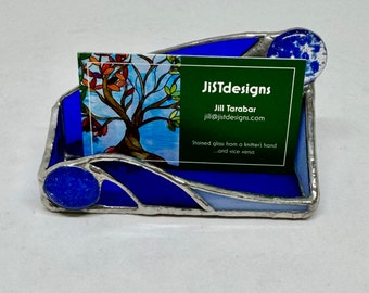 Cobalt blue Hand Crafted Stained Glass Business Card Holder, desk accessory, cell phone stand, light blue stained glass, cobalt card holder