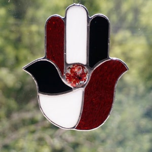 Black White and Red Stained Glass Hamsa, red stained glass, good luck amulet, Talisman, hamsa sun catcher, evil eye, black stained glass