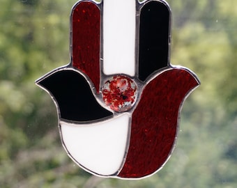 Black White and Red Stained Glass Hamsa, red stained glass, good luck amulet, Talisman, hamsa sun catcher, evil eye, black stained glass