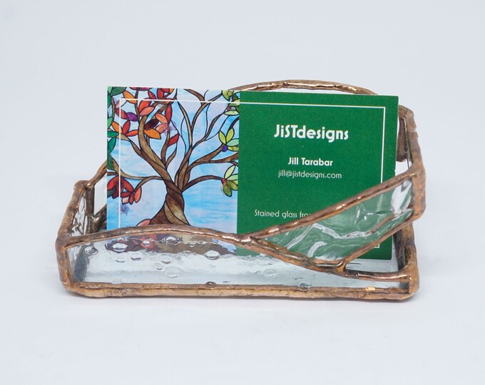 Stained Glass Business Card Holder, Desk Accessory, Clear Texture
