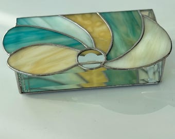 Teal Turquoise Tan Stained Glass Box, glass jewelry box, circle bevel box, jewelry box, stained glass box, glass trinket box, gift for mom