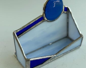 Stained Glass Business Card Holder, cobalt blue stained glass, blue glass, white glass, stained glass, phone stand, graduation gift