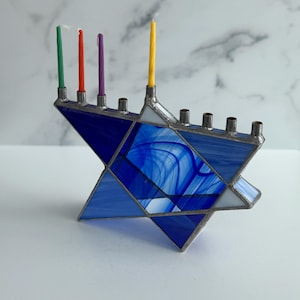 Stained Glass Star of David Chanukah Menorah, Cobalt Blue Star of David,  Hanukkah Menorah, Hanukkiah, Wedding Gift, Judaica, Holiday gift