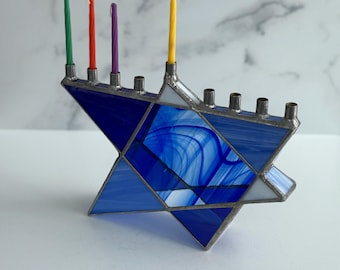 Stained Glass Star of David Chanukah Menorah, Cobalt Blue Star of David,  Hanukkah Menorah, Hanukkiah, Wedding Gift, Judaica, Holiday gift