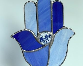 Cobalt Blue Stained Glass Hamsa, bottle blue stained glass, good luck amulet, Talisman, hamsa sun catcher, evil eye, blue stained glass