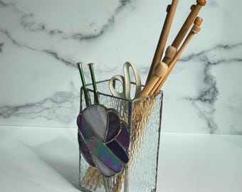 Purple Stained Glass vase, Vintage Knitting Needles holder