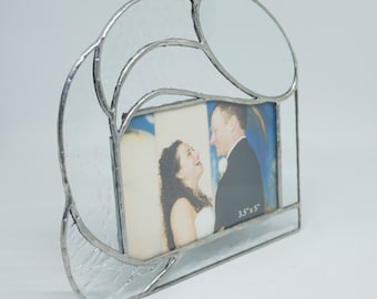 Stained Glass Table Top Picture Frame, Clear Texture Stained Glass, 3 1/2 x 5 photo frame, horizontal picture frame, oval swirl photo frame
