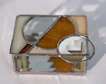 Geometric Stained Glass Box: Golden caramel brown, Mirrored Base