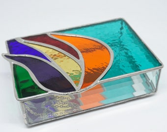 Rainbow Stained Glass Jewelry Box, Abstract Stained Glass, Glass trinket box, bright stained glass, modern stained glass, shin, judaica