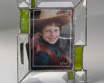 Lime green Stained Glass Picture frame, Clear Glass Corner Bevel Picture Frame, photo frame, vertical or horizontal frame, table top frame
