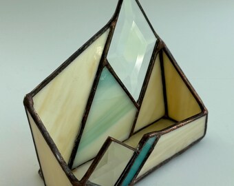 Beach color Stained Glass Business Card Holder, stained glass desk accessory, sky sea and sand, geometric stained glass, graduation gift