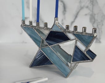 Stained Glass Chanukah Menorah, Star of David Menorah, Judaica, denim blue stained glass, Hanukkah Menorah, Hanukkiah, Jewish glass art