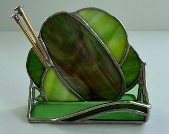 Green ball of yarn Business Card Holder, gift for a knitter, Earthy green stained glass, desk accessory for fiber lover, stained glass gift