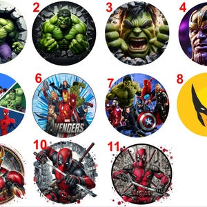 Könnte beinhalten: Eine Sammlung von elf kreisförmigen Designs mit verschiedenen Marvel Comics-Charakteren. Die Designs umfassen Hulk, Thanos, Iron Man, Deadpool, Wolverine und Gruppenaufnahmen der Avengers. Jedes Design ist eine lebendige Illustration.