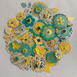 Die cut flowers turquoise paper flowers handmade junk journal flowers yellow paper flowers scrapbook embellishments scrapbook supplies