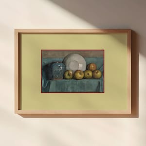 Stillleben Kunstdruck mit Äpfeln und Glas Vintage Malerei mit rotem Rahmen & gelbem Passepartout für eine rustikale Küche Galerie Wand Dekoration Poster