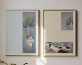 4er-Set | Seurat Badende bei Asnieres Poster Set - Minimalistische Wandkunst in sanften Pastellfarben Grün und Rosa, Vintage Rekomposition, 2 Digitaldrucke