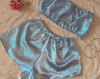 Handmade Blue Satin Bralette and Shorts Set, Silky Loungewear
