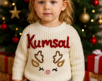 Hand-Embroidered Baby Christmas Sweater, Toddler Holiday Sweater, Reindeer Kids Name Jumper, Baby Knit Sweater, First Christmas Gifs