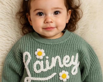 Personalized Baby Name Sweater – Custom Knit Sweater for Newborn & Toddler – Embroidered Name Jumper