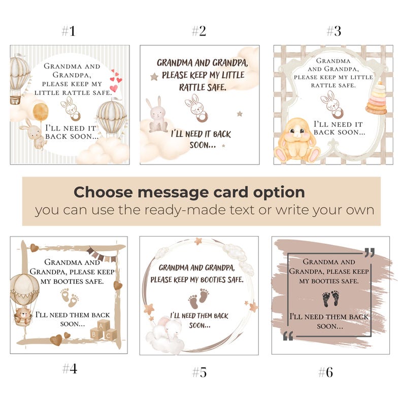 Puede incluir: Una colecci&oacute;n de seis tarjetas de mensaje cuadradas con ilustraciones en beige y marr&oacute;n de conejitos, globos aerost&aacute;ticos y nubes. Cada tarjeta muestra un texto dirigido a los abuelos sobre mantener sonajeros o patucos a salvo.