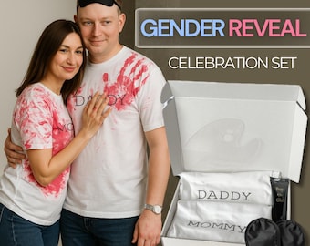 Conjunto de camisetas pintadas para revelar el sexo del bebé: Camisetas a juego para mamá y papá.