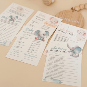 Lot de jeux pour baby shower - prédictions et conseils, qui connaît maman, jeu d'objets pour bébé - thème éléphant, activité amusante pour baby shower