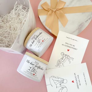 Coffret cadeau personnalisé proposition de parrain et marraine – Serez-vous ma marraine/mon parrain ? | Ensemble de bougies parfumées et de cartes personnalisées / Faire-part de grossesse
