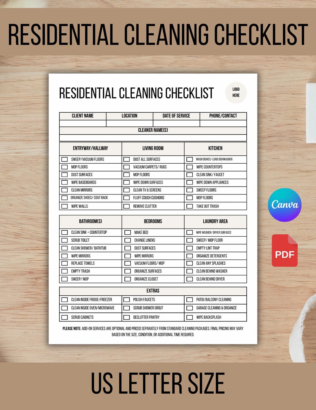 Residential Cleaning Checklist, Cleaner Business Aid, Professional