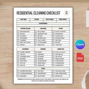 May include: A white US Letter Size residential cleaning checklist with a black header and text. The checklist includes sections for entryways, living rooms, kitchens, bathrooms, bedrooms, laundry areas, and extras. The Canva and PDF logos are visible.