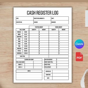 May include: A white cash register log template with black text. The document includes sections for date, register information, and a detailed breakdown of bills and coins. The bottom of the document reads "US LETTER SIZE".