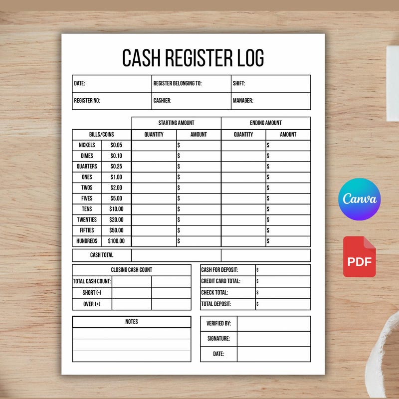 Cash Register Balance Sheet Template - Etsy