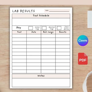 以下が含まれることがあります： 「LAB TRACKER」というタイトルの印刷可能なラボトラッカー。このドキュメントには、検査結果、検査スケジュール、キー、検査、日付、参照範囲、結果、メモのセクションが含まれています。 CanvaとPDFのロゴが表示されています。
