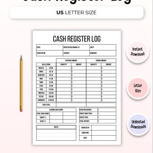 Printable Cash Register Log | Balance Sheet, Cash Register Journal, Daily Log, Business Organizer, Finance Tracker