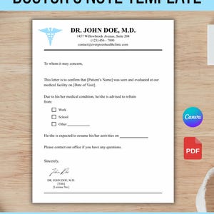 May include: A white doctor's note template with the text "DOCTOR'S NOTE TEMPLATE" at the top. The template includes fields for patient information, date of visit, and activity restrictions. The bottom text reads "US LETTER SIZE/A4".