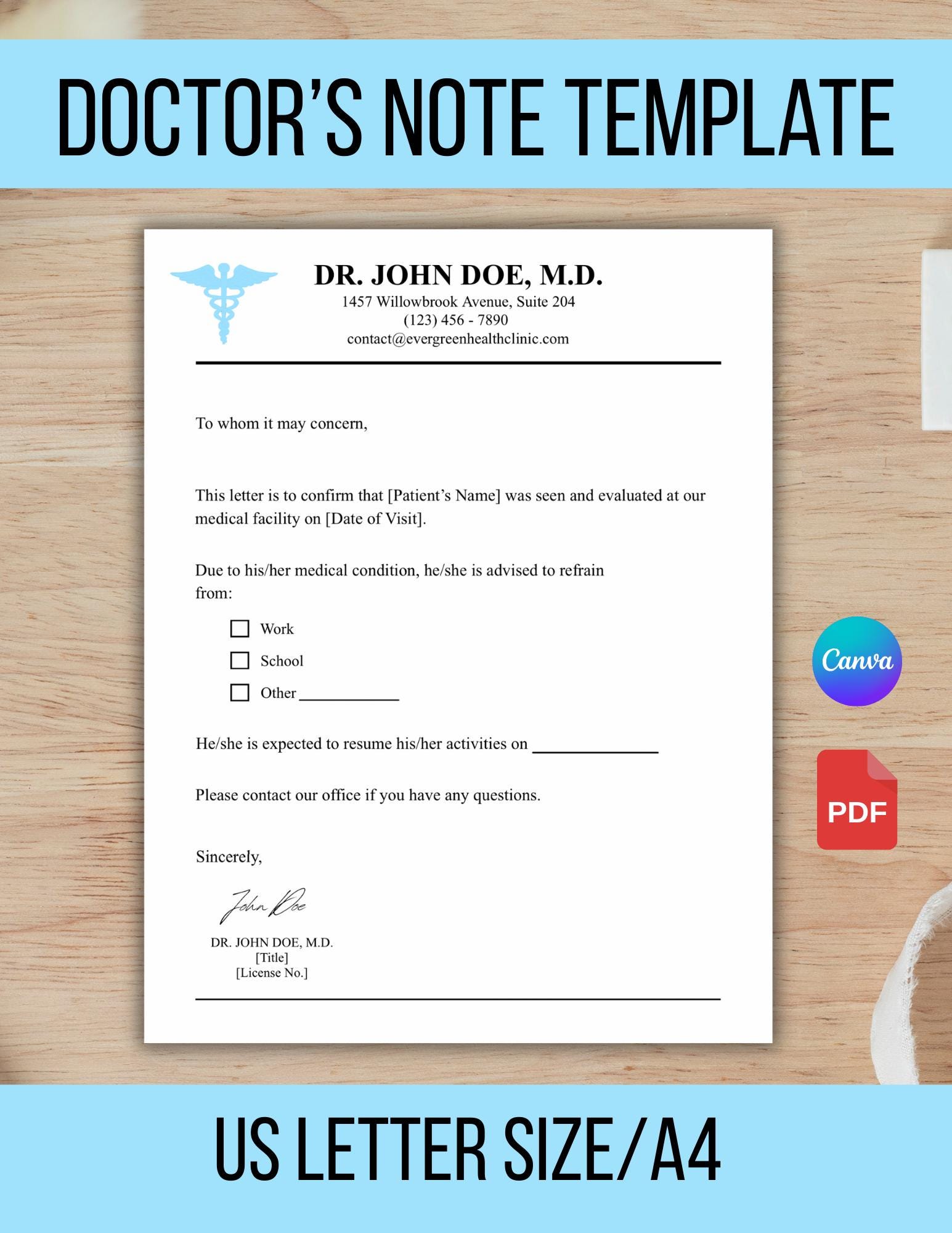 Doctor Note for Work Template, Printable Doctor Note, Work Excuse