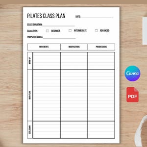 Peut inclure: Un planificateur de cours de Pilates blanc avec le texte "PILATES CLASS PLANNER" en haut. Le planificateur comprend des sections pour la durée, le type et les accessoires du cours, avec des espaces pour les mouvements, les modifications et les progressions. Le texte "A4 SIZE" est en bas.