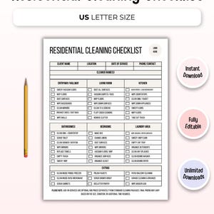 Residential Cleaning Checklist, Cleaner Business Aid, Professional Cleaning Schedule, Housekeeping Guide, Cleaning Planner