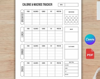 Calories and Macros Tracker Template | Printable Nutrition Tracker, Daily Food Log, Meal Planning, Fitness Planner