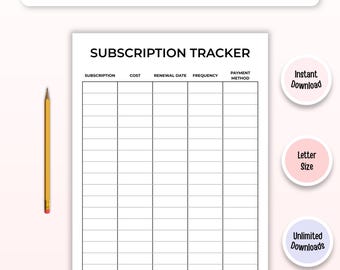 Subscription Tracker Printable | Recurring Bill Payment Organizer, Cancel Membership Tracker (Digital Download)