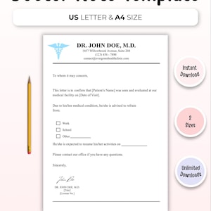 Vorlage für ein ärztliches Attest für die Arbeit, druckbares ärztliches Attest, Vorlage für eine Arbeitsunfähigkeitsbescheinigung, ärztliches Attest, bearbeitbares PDF, US Letter, A4-Format