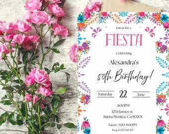 Mexican Birthday Invitation Template | Vibrant Floral & Papel Picado Fiesta Theme | Editable in Canva