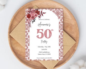 Talavera Theme Invitation Template | Red Rose Mexican Birthday Theme | Editable in Canva