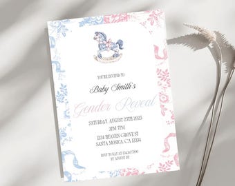 Dusty Blue and Pink Toile de Jouy Gender Reveal Invitation | Vintage Gender Reveal theme | editable on Canva